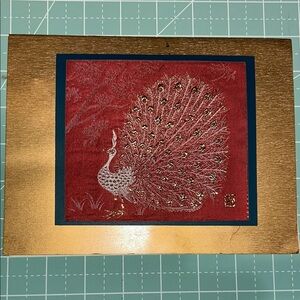 Elegant Peacock Embroidery Art on Gold card